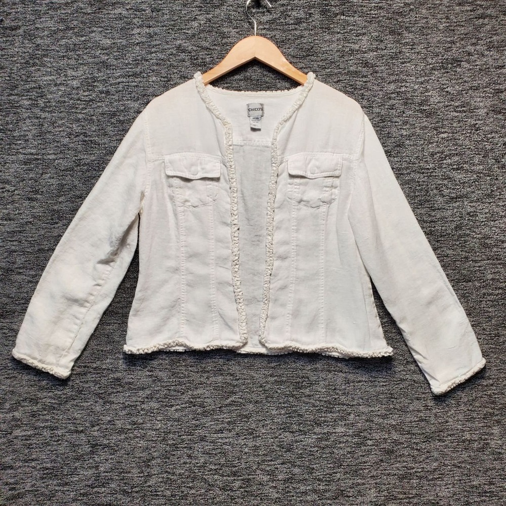 Chicos Linen Shacket Womens Medium White Raw Edge Fringe Boho Cardigan Jacket